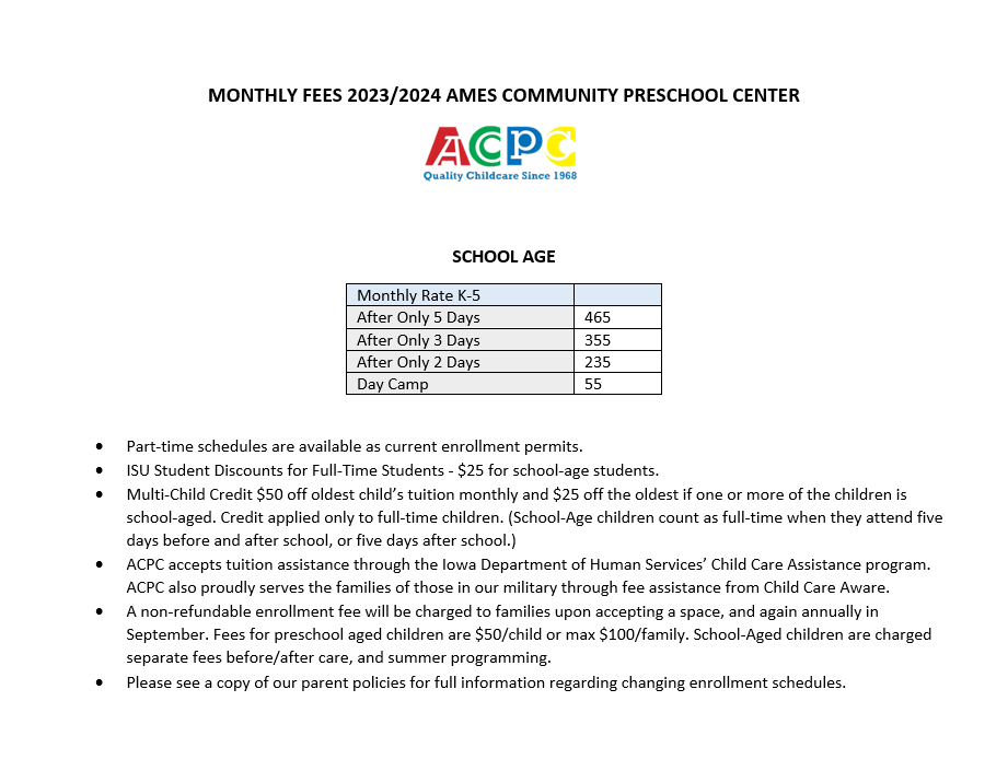 Monthly fee scale — Ames, IA — Ames Community Preschool Center (ACPC)
