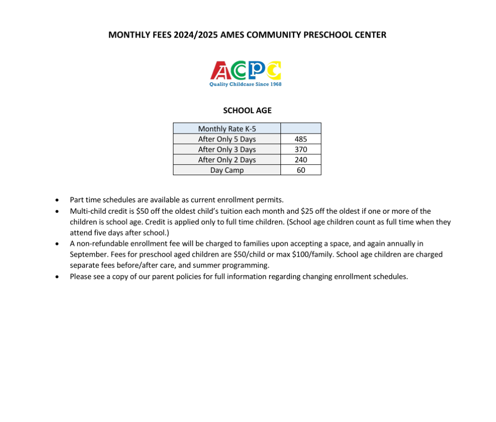 Monthly fee scale — Ames, IA — Ames Community Preschool Center (ACPC)