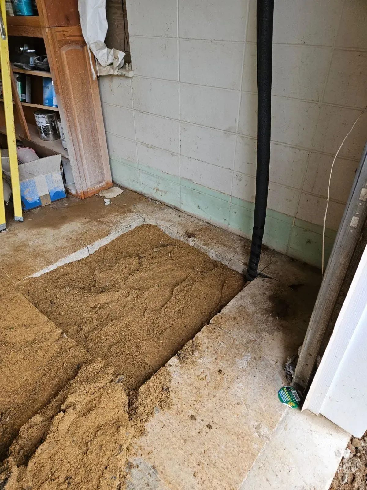 A room with a rug on the floor and a pipe in the corner.