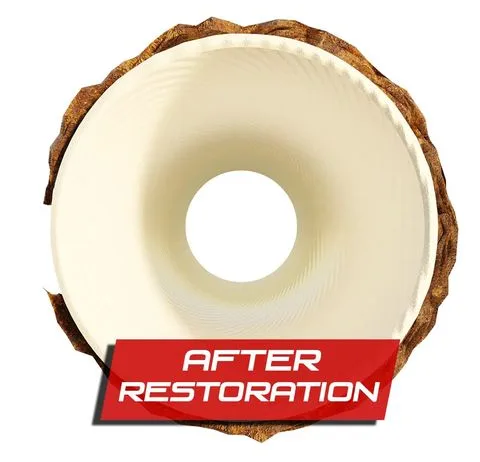 A white donut with a hole in the middle and the words after restoration below it