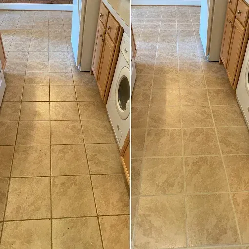 A side-by-side comparison of a kitchen floor showing a dirty, stained tile floor before cleaning and a clean floor after.