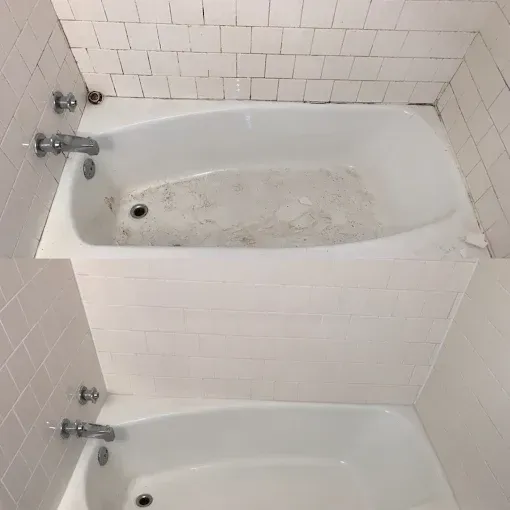 A split view showing a dirty white bathtub before and after a deep cleaning.