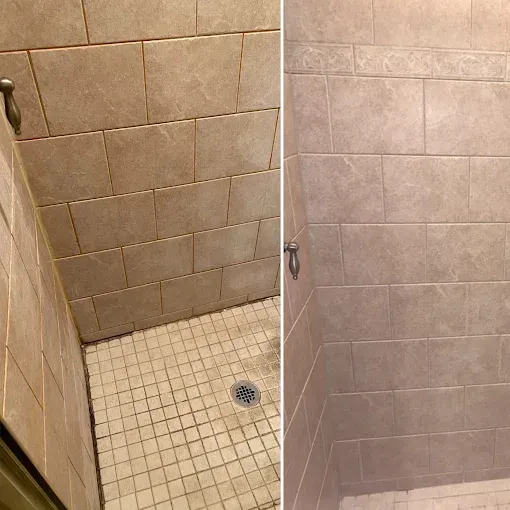 Before-and-after view of a shower interior showing cleaner tiles and grout after maintenance.