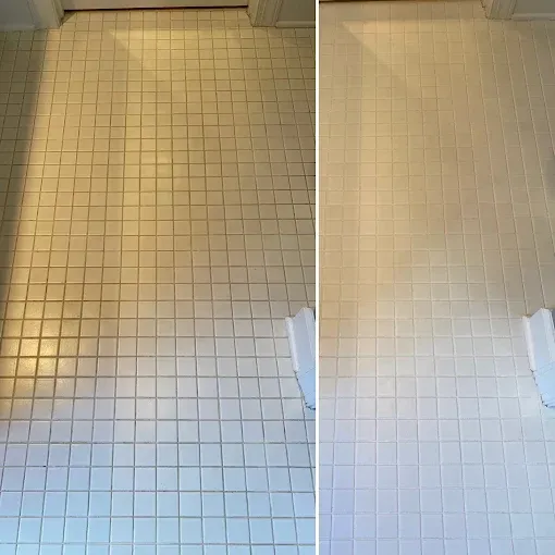 A split-screen view showing a tiled bathroom floor before and after cleaning, highlighting a significant color improvement.