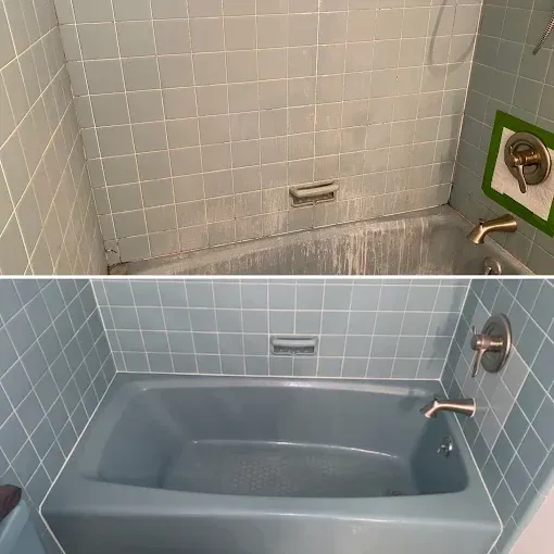 A before-and-after comparison of a blue tiled bathtub area, showing it heavily stained before being cleaned.