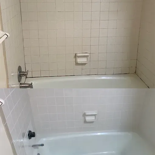 A before-and-after comparison of a bathtub and tiled wall, showing a renovation with cleaner white tiles and new fixtures.