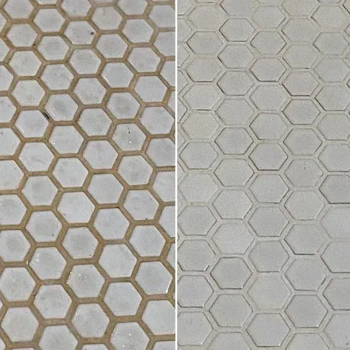 A side-by-side comparison of white hexagonal tiles with dark grout on the left and light grout on the right.