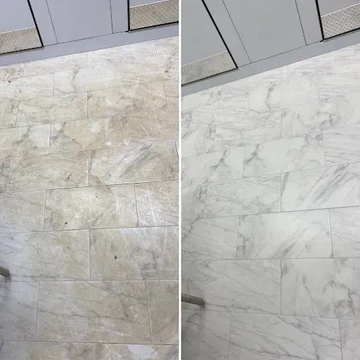 Before and after comparison of a marble tiled floor, showing a significant improvement in brightness and cleanliness.