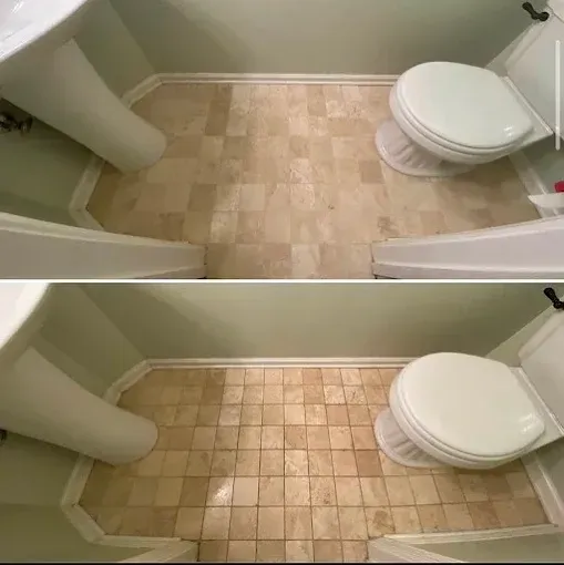 A before and after comparison of a bathroom floor showing light beige tiles cleaned of darker stains and debris.