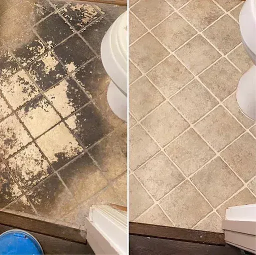 Before and after view of a bathroom floor showing damaged, dark-stained tiles being replaced with clean, light-brown tiles.
