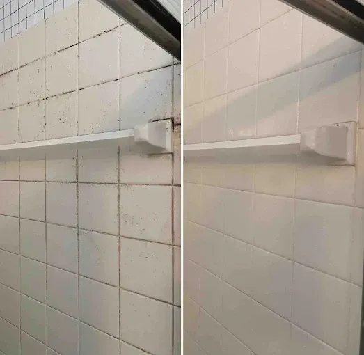A split-screen comparison showing a tiled shower wall before cleaning (left, dirty grout) and after cleaning (right, bright).