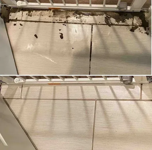 A before-and-after comparison showing a dirty tiled floor near a baby gate being cleaned.