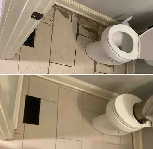 A before-and-after comparison showing a dirty bathroom floor with dark grout being cleaned and restored to bright white.