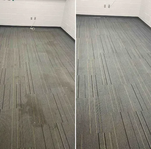 Before and after comparison of a grey carpeted floor showing a significant improvement in cleanliness after cleaning.