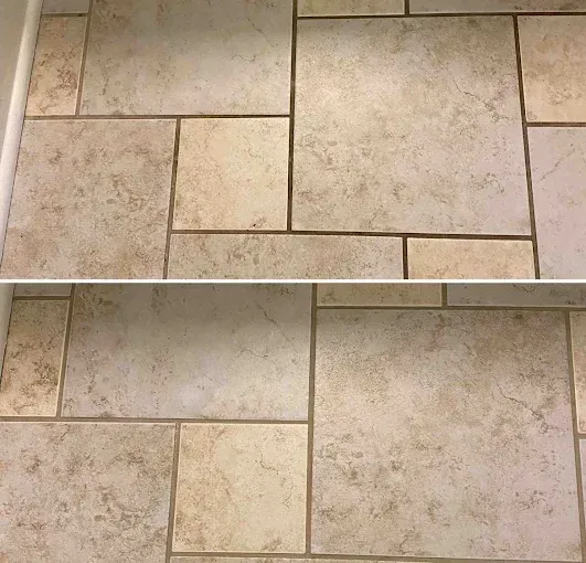 Before and after view of beige ceramic tile flooring with clean grout lines.