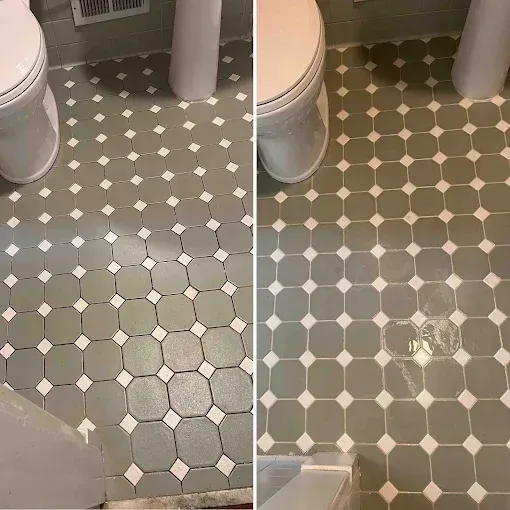 Before-and-after photos of a bathroom floor showing peeling grey paint on the tiles in the second image.