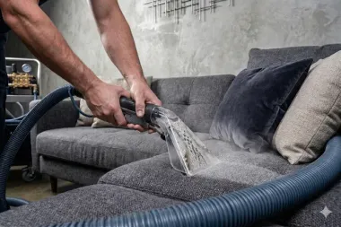 A person uses a handheld steam extraction tool to deep clean a grey fabric sofa.