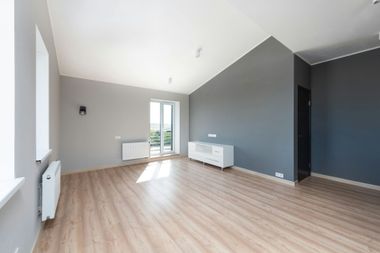An empty, modern room with light wood floors, grey walls, a slanted ceiling, two radiators, and a balcony door.