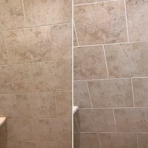 Before-and-after comparison of beige tiled shower walls showing the cleaning results of grout and tiles.