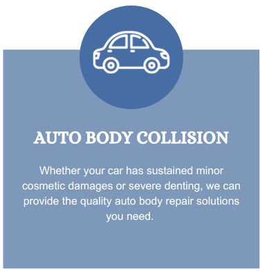 A blue circle with a car in it and the words auto body collision