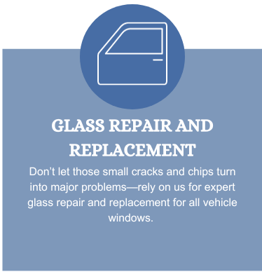 A blue sign that says glass repair and replacement