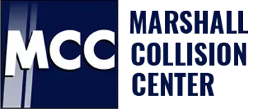 a blue and white logo for marshall collision center