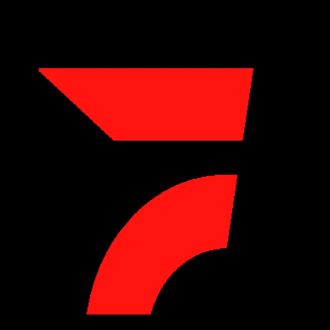 Flow Racing red triangle with a circle in the middle on a black background.