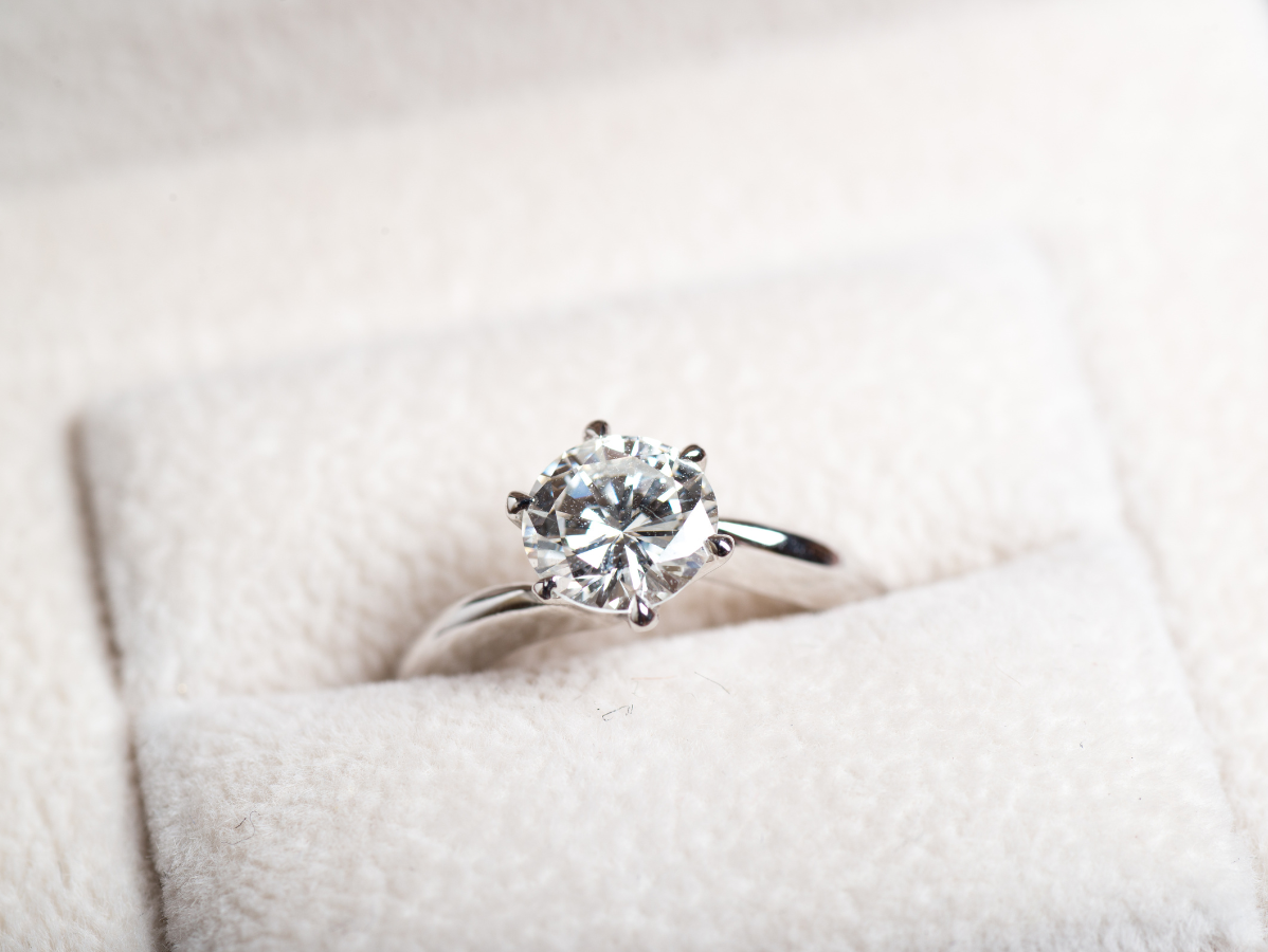 Diamond engagement ring in a white ring box.