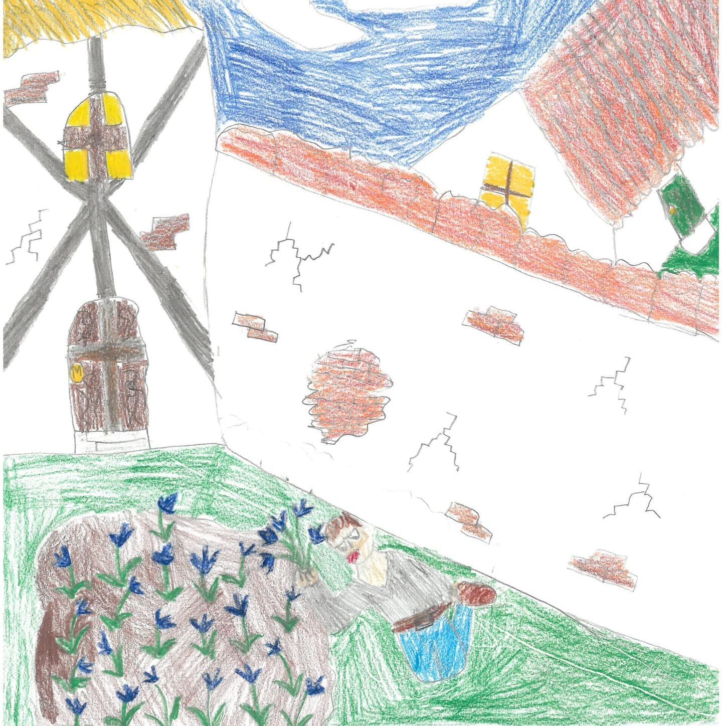 En børnetegning af et hus, en have og en kost.