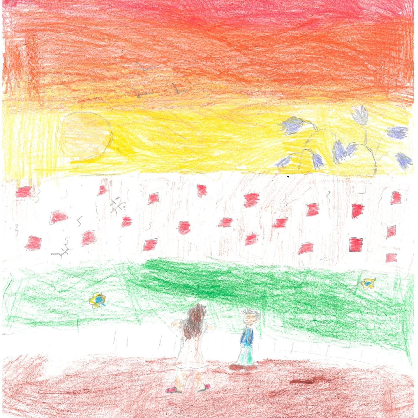 En børnetegning af et hus, en have og en kost.