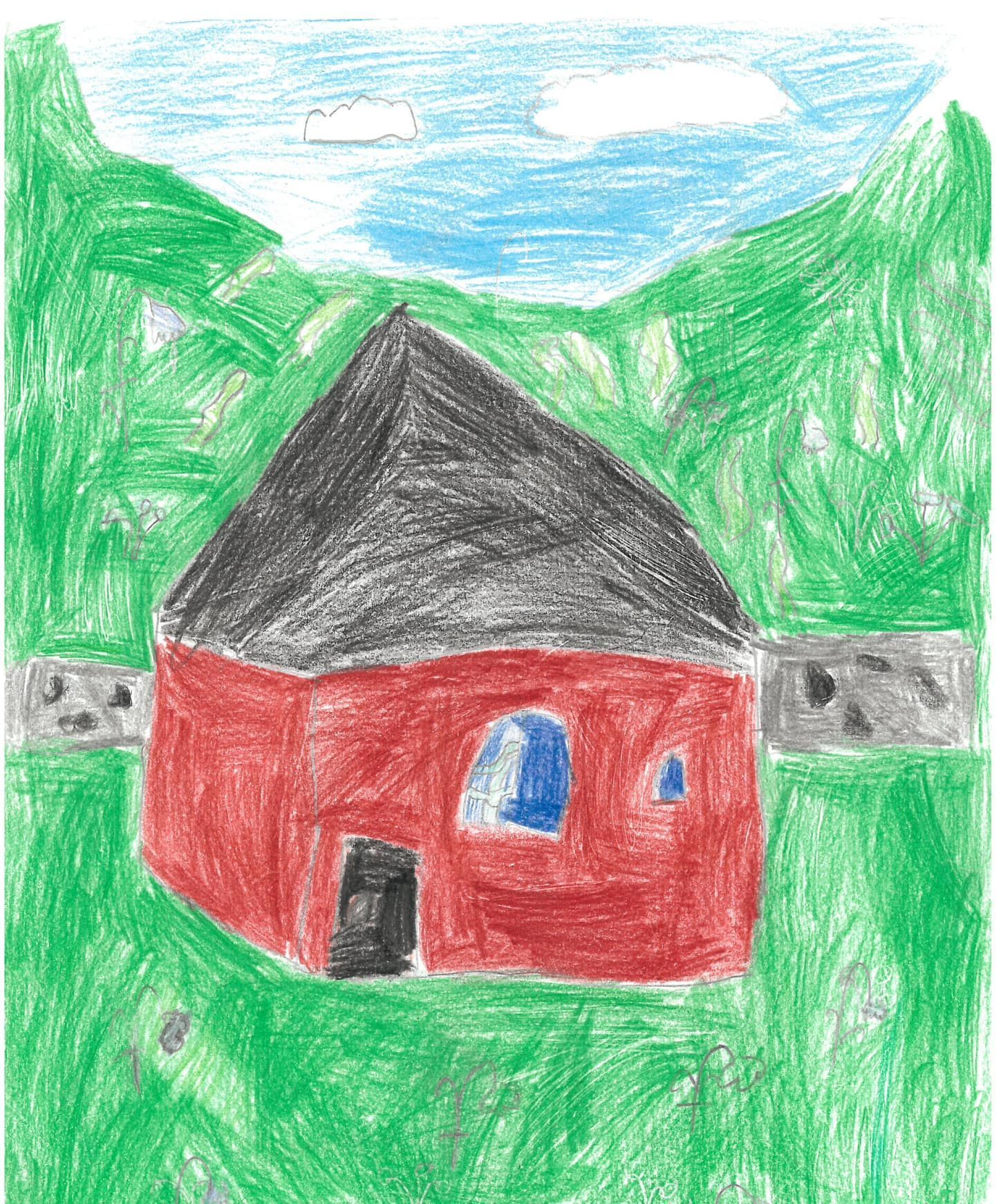 En børnetegning af et rødt hus midt på en grøn mark.