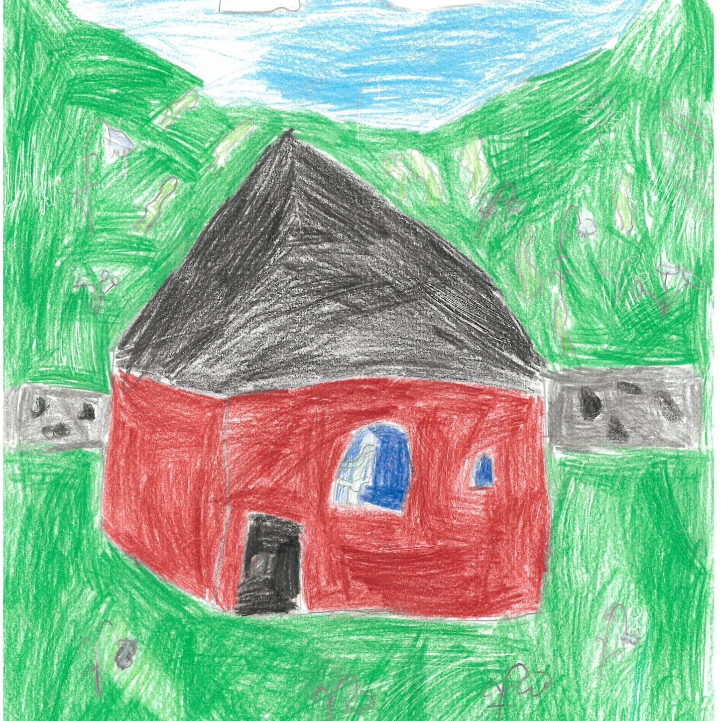 En børnetegning af et hus, en have og en kost.