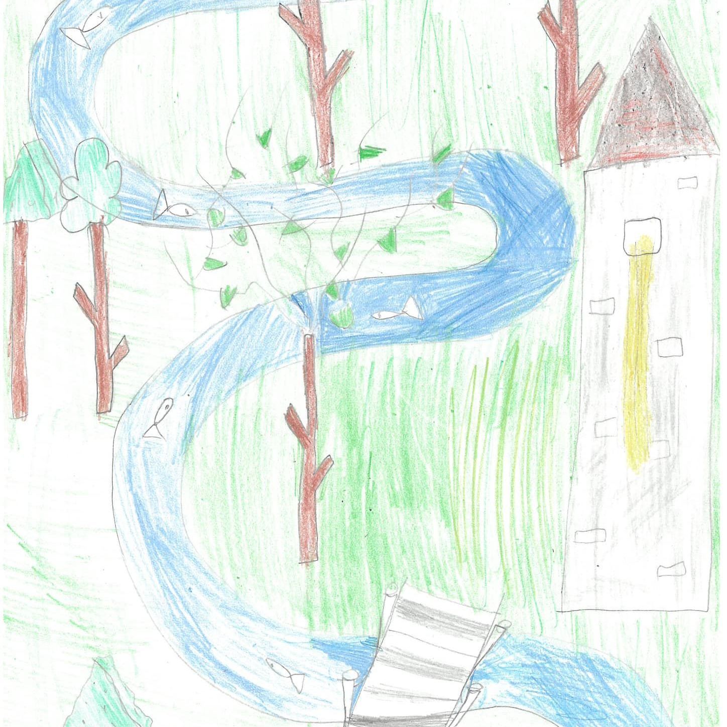 En børnetegning af et hus, en have og en kost.