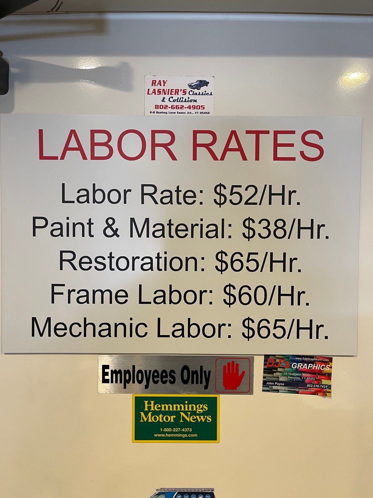 Labor Rates – Ray Lasnier’s Classics and Collision – Essex, VT