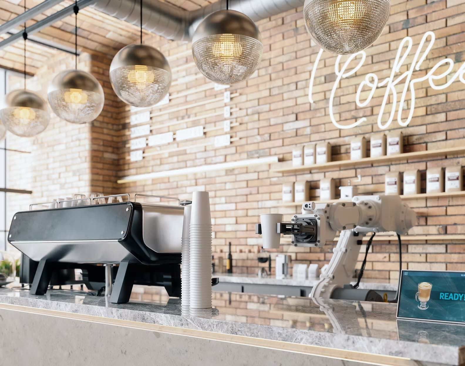 A coffee shop with a robotic coffee maker and a brick wall. — Pollock Ingram Solicitors in Caloundra, QLD