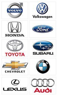 Brand logos for Volvo, Volkswagen, Toyota, Subaru, Lexus, Honda, Ford, Chevrolet, BMW and Audi