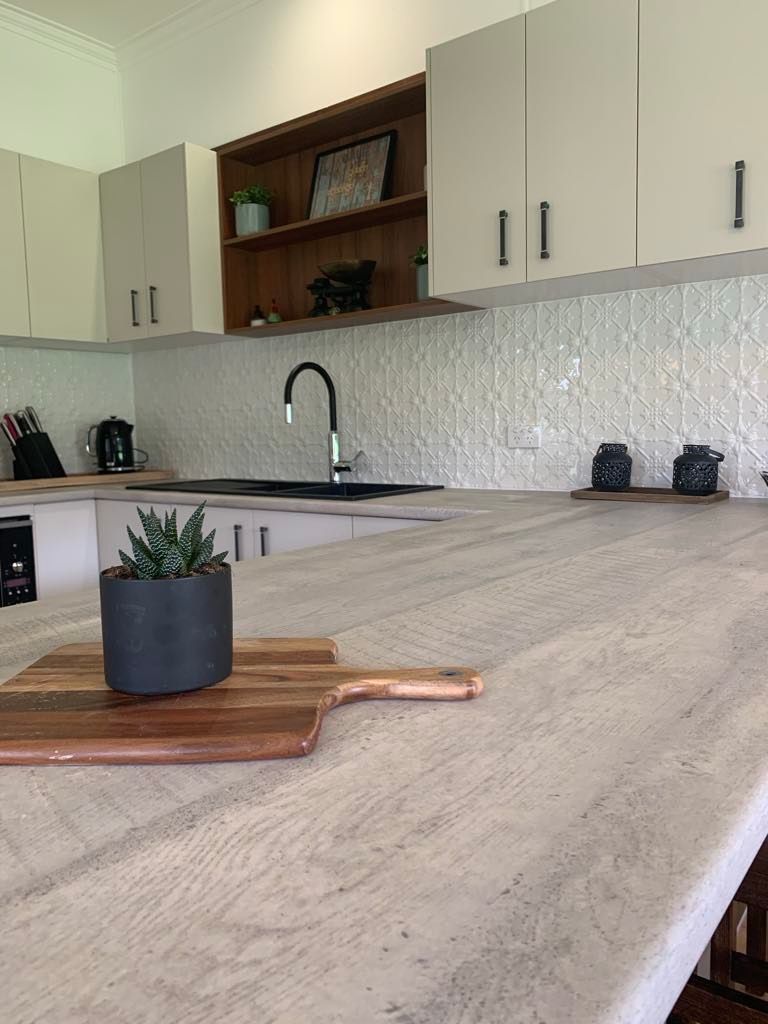 Kitchen With Light Gray Countertop, White Cabinets — Moore Than Just Kitchens In Tamworth, NSW