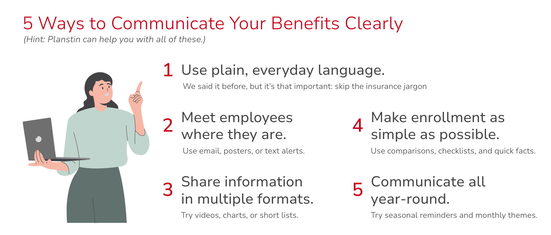 Infographic: 5 ways to communicate benefits clearly. A person with a laptop points to tips.