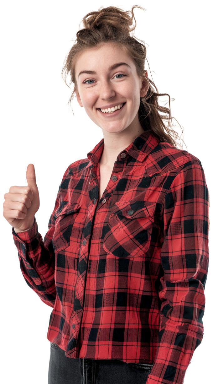 A woman in a plaid shirt is giving a thumbs up.