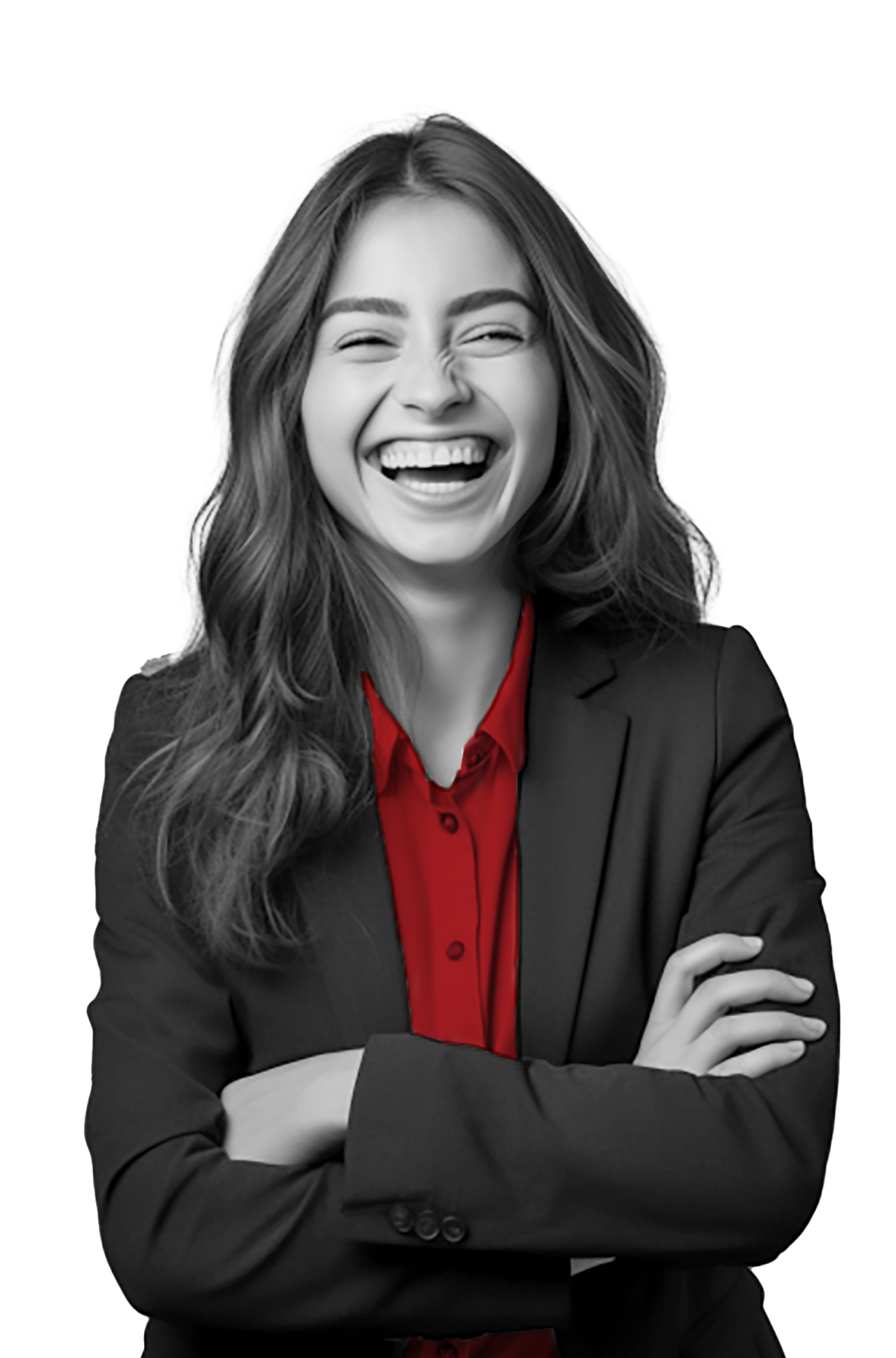 a woman in a suit and red shirt is laughing with her arms crossed