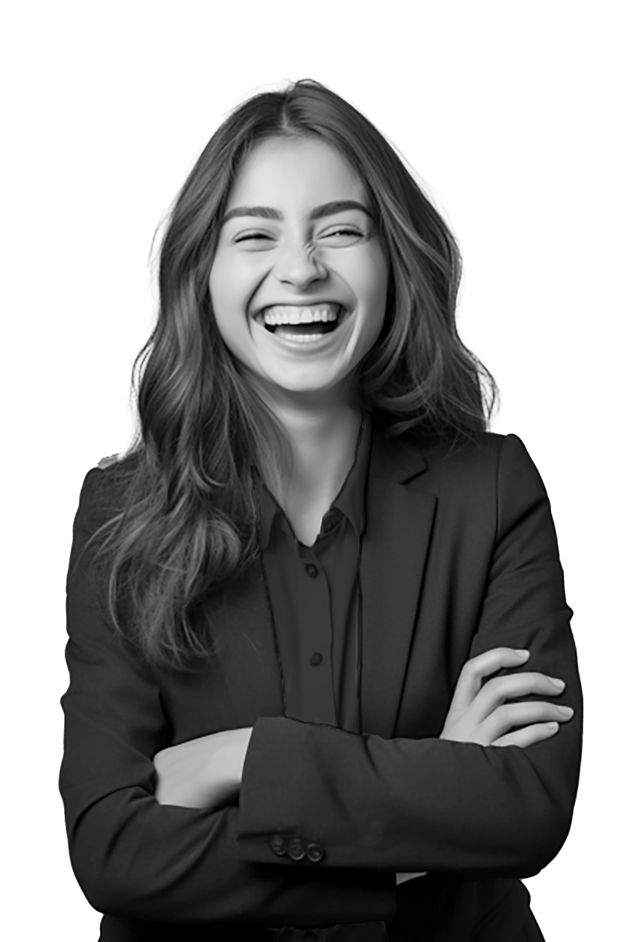 a woman in a suit is laughing with her arms crossed