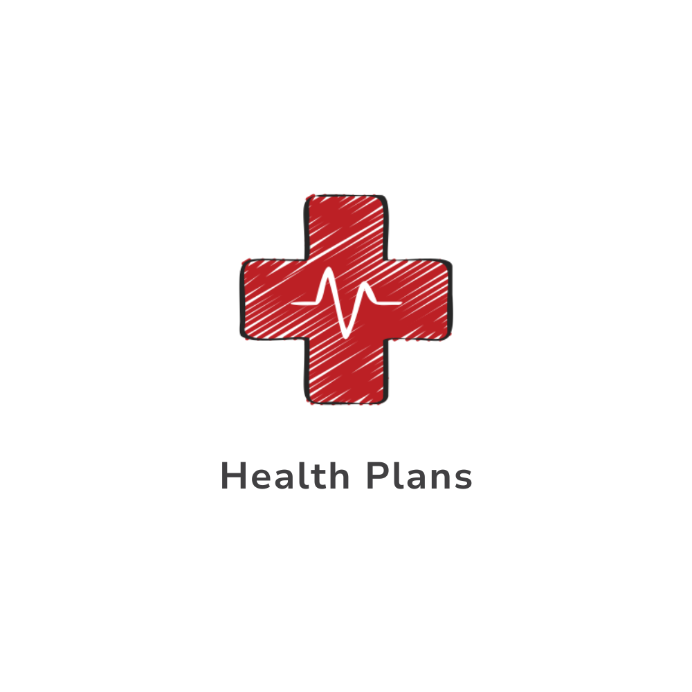 Health Plans: A red cross with a heartbeat inside of it.