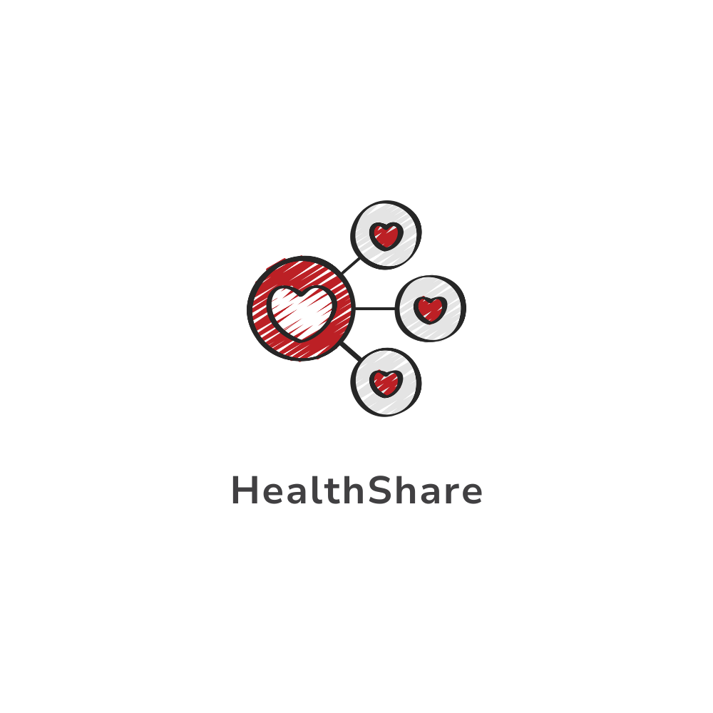 Health Share: A drawing of a heart in a circle with three hearts around it.