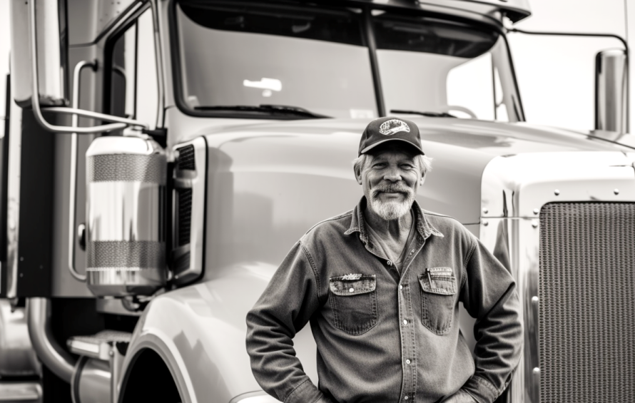 A man with a beard is standing in front of a semi truck.