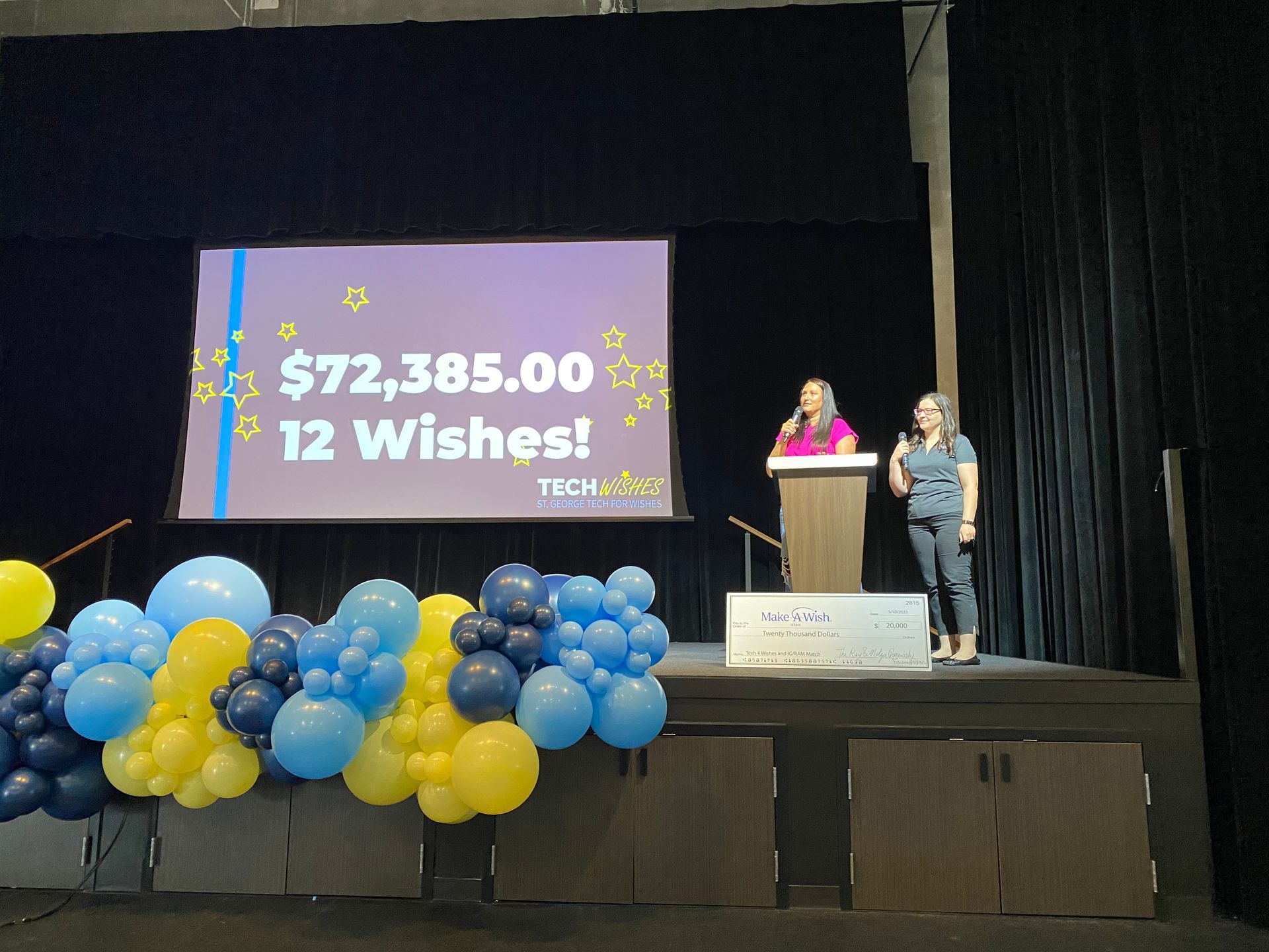 A woman stands at a podium in front of a screen that says $ 72,385,000 12 wishes