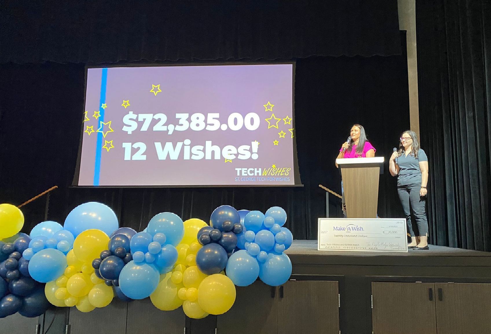 Two women stand on a stage in front of a screen that says $ 72,385,000 12 wishes