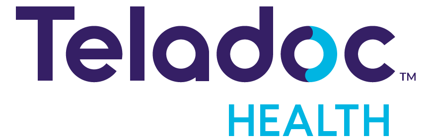 The logo for teladoc health is purple and blue.