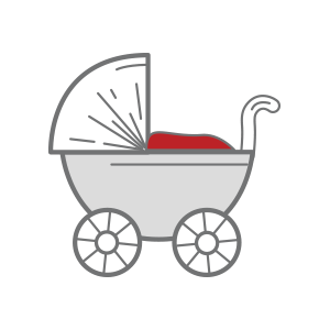 a drawing of a stroller with a red blanket on it .