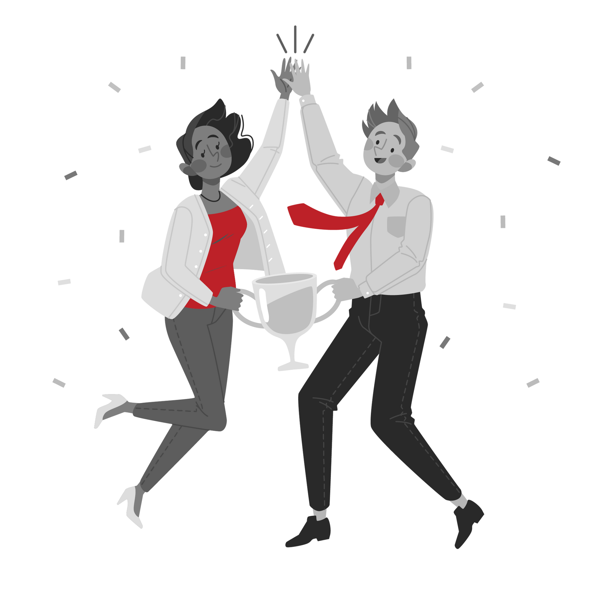 A man and a woman are giving each other a high five while holding a trophy.