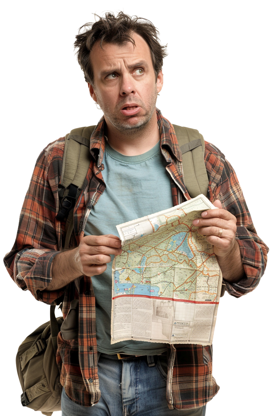 A man in a plaid shirt is holding a map